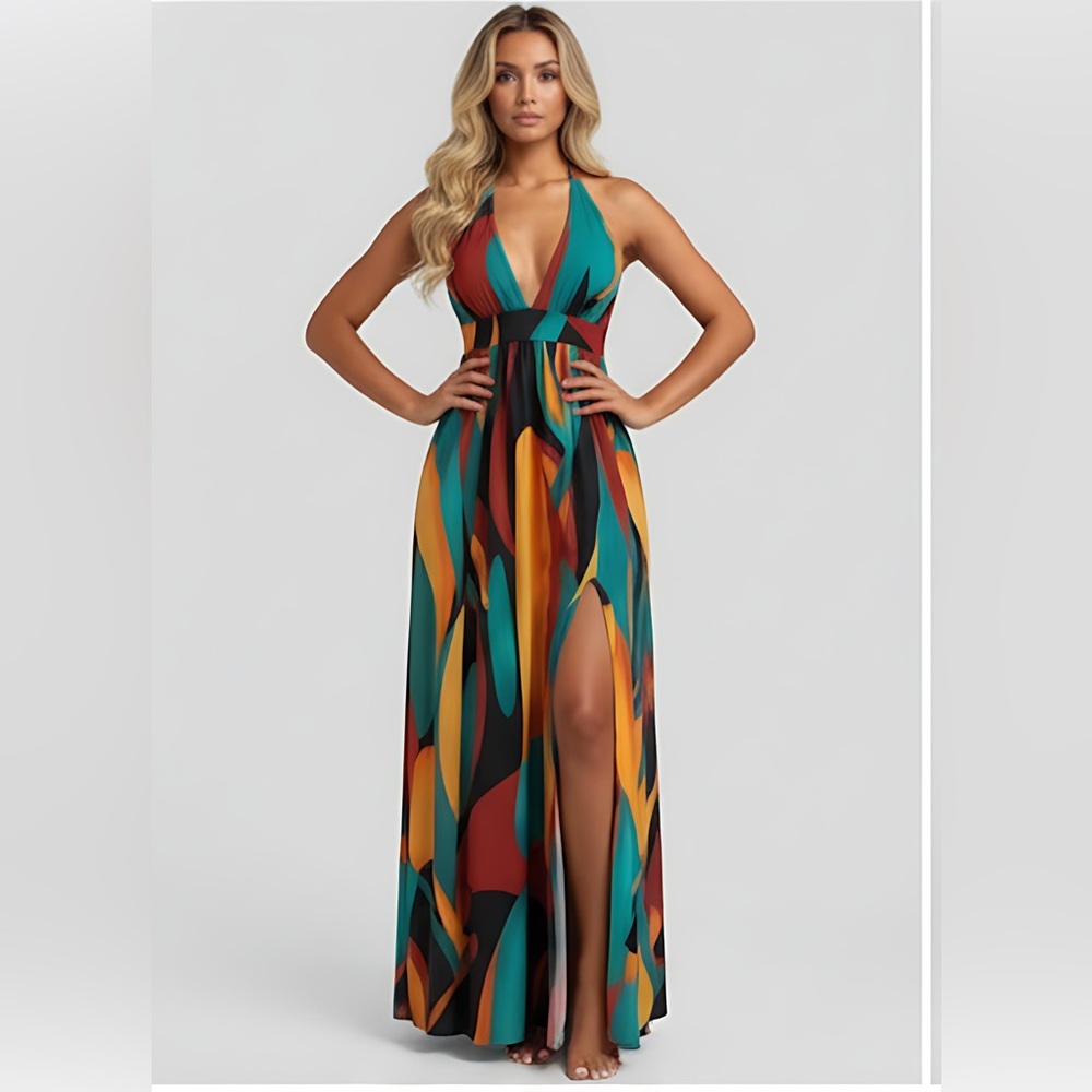 Boho Grahpic Print Cami Double Split Thigh Maxi Dress - Picture 1 of 9